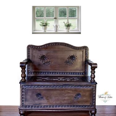 Headboard Entryway Bench. Hand Carved Pew. Bench with Storage. Bedroom, Living Room, Sitting Room Wood Bench. Indonesian Furniture. Florals. 