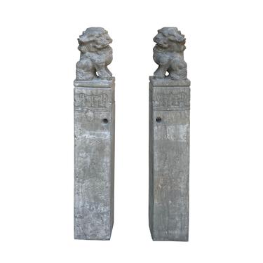 Chinese Pair Gray Stone Fengshui Foo Dogs Tall Slim Pole Statues cs7119E 