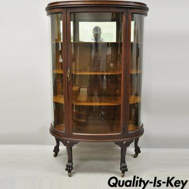 Antique American Empire Bow Glass Oak Paw Feet Mirror Back China Cabinet Curio