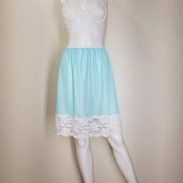 Vintage 60s Blue Lace Half Slip, Medium / Short Skirt Slip, Blue Pinup Lingerie / Spring Blue Pillow Tab Slip / Broad White Lace Half Slip 