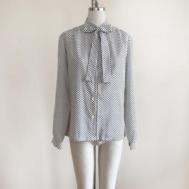 White and Navy Polka Dot Blouse with Neck Tie - 1970s 