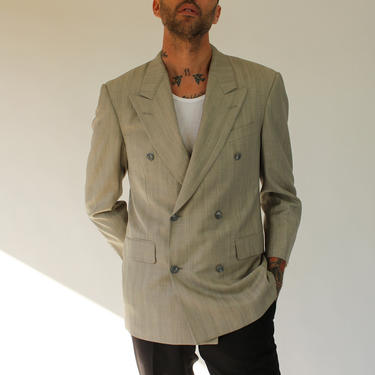 Vintage 90s Karl Lagerfeld Couture Light Gray Pinstriped Double Breasted Blazer | Made in USA | 100% Pure Wool | 1990s Designer Mens Jacket 