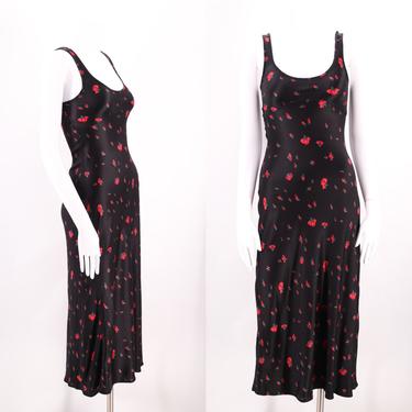 90s BETSEY JOHNSON Dress small / black satin rose print slip dress s / vintage 1990s slinky bias cut gown dress 4 by ritualvintage