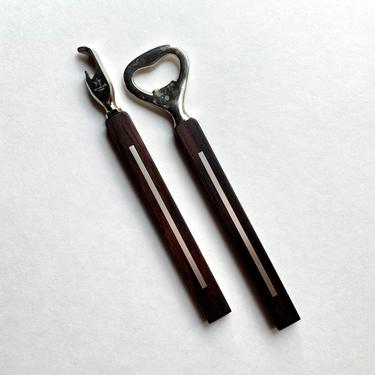 Modernist Silver Inlay Rosewood Bar Tools Bottle & Can Opener, Likely by Hans Hansen 