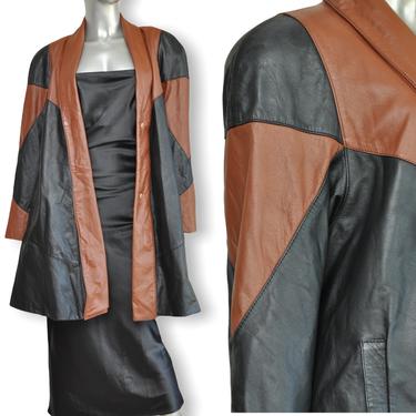 Vintage Tan And Black Leather Swing Coat Jacket Color Block M/L 