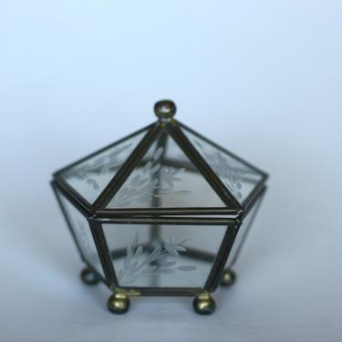 vintage glass keepsake/display box brass and glass/etched panels 