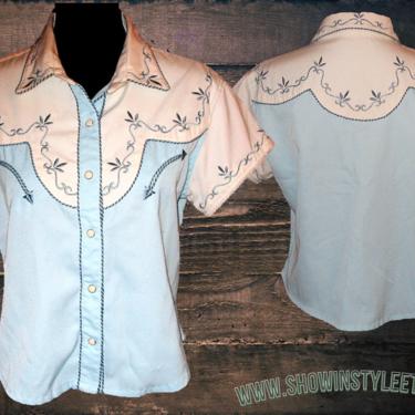 Panhandle Slim Vintage Retro Western Women's Cowgirl Shirt, Short Sleeves, Embroidered Designs, Tag Size Medium (see meas. photo) 