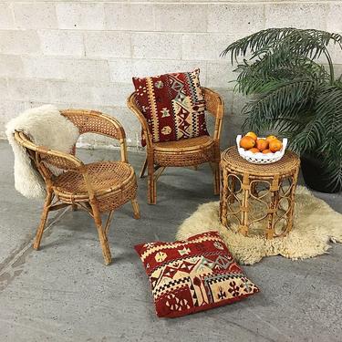 LOCAL PICKUP ONLY Vintage Bamboo and Cane Patio Set Retro 1970's Bohemian Indoor or Outdoor Furniture with 2 Matching Chairs and Table 