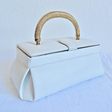 Vintage 1960's Bienin Davis White Snakeskin Leather Box Purse Handbag Gold Top Handle 60's Accessories 