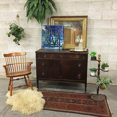LOCAL PICKUP ONLY Vintage Atlas Furniture Dresser Retro 1940s Dark Brown Wood Buffet with 5 Drawers and Carved Ornate Details on Castors 