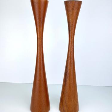 Vintage Pair Mid Century Modern Danish Teak Wood Candle Holders Candlesticks Denmark Wooden 12&quot; 