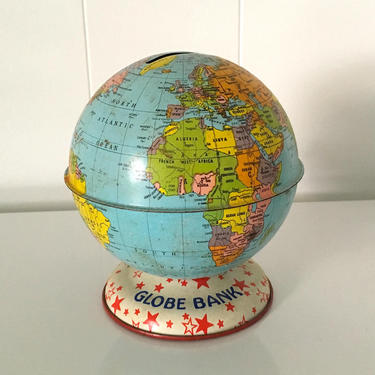Vintage Globe Bank 1950s 1960s J. Chein &amp; Co. Tin Litho World Map Tin Toy Penny Made in the USA 