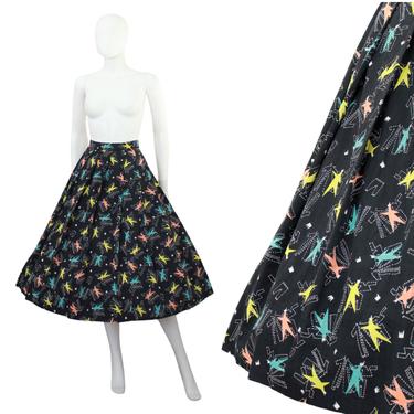 1950s Novelty Print Skirt - Emperor's New Clothes Novelty Print - 50s Atomic Novelty Print Skirt - Vintage Atomic Print Skirt | Size Small 