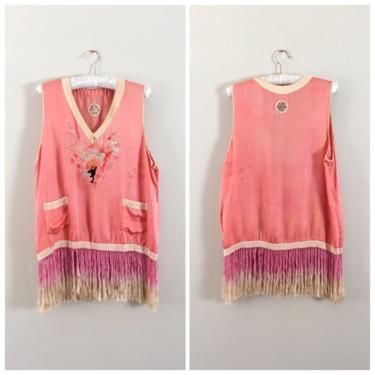 20s Pink Pongee Fringe Floral Embroidered Silk Top / 1920s Vintage Blouse Tunic / Medium to Large 