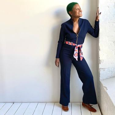 1970s Navy Blue Ribbed Jumpsuit 