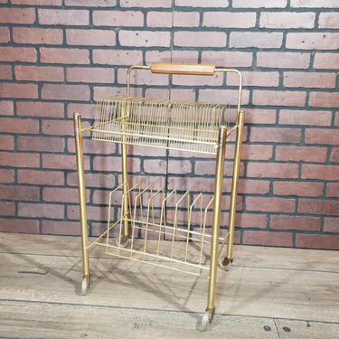 Mid Century Gold Wire Record Rack Stand with Wheels 