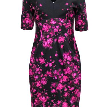 Lela Rose - Black & Purple Floral Print Short Sleeve Midi Dress Sz 8