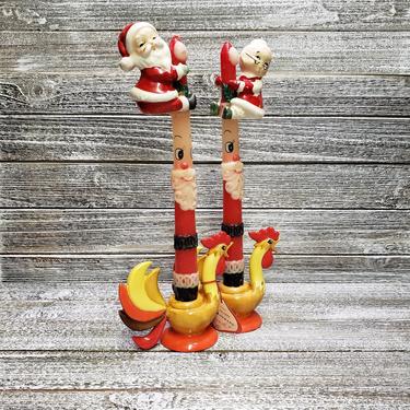Vintage Christmas Candle Climbers, Mr &amp; Mrs Santa Claus Candle Hugger, Mid Century Candle Holder, Christmas Decoration, Vintage Holiday 