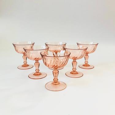 Vintage Pink Swirl Coupe Glasses / Luminarc / Set of 6 