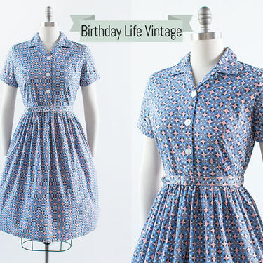 Vintage 1950s Dress | 50s Geometric Polka Dot Cotton Shirt Dress Blue Pink Shirtwaist Day Dress (medium) 