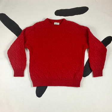 1980's Benetton red knit Shetland wool sweater 80's preppy thick warm cable knit red crew neck pullover sweater / made in Italy / boxy L 