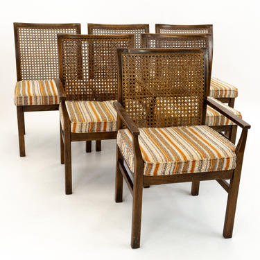 Lane Mid Century Brutalist Walnut and Cane Back Dining Chairs - Set of 6 - mcm 