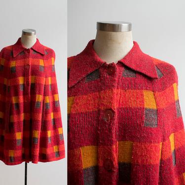 Bright Orange Vintage 1970s Knit Cape / 1970s Knit Poncho / Vintage Plaid Woven Cape / Vintage 1970s Poncho 