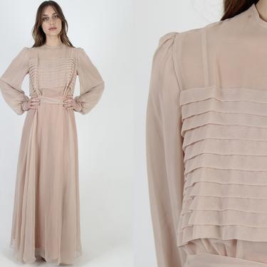 Nude See Through Chiffon Maxi Dress / Sexy Long Sheer Beige Solid Color Dress / Vintage 70s Pleated Waist Tie Floor Length Dress 