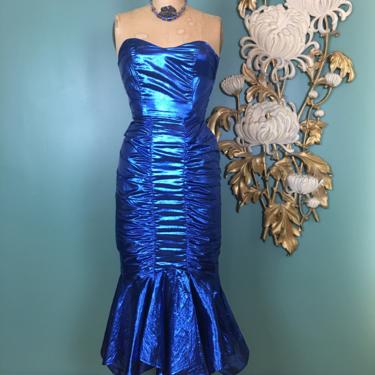 1980s prom dress, metallic blue lame', vintage 80s dress, fishtail, New Years eve, cocktail, 80s formal, hourglass, mermaid, steppin out, XS 