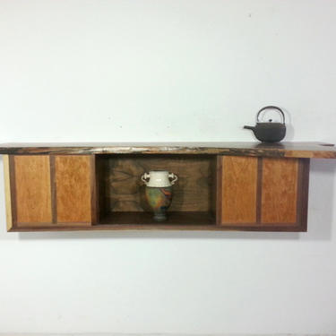 Large Live Edge Walnut Floating Wall Hanging Console Desk Bookcase with 2 Drawers Mid Century and Japanese Influenced 