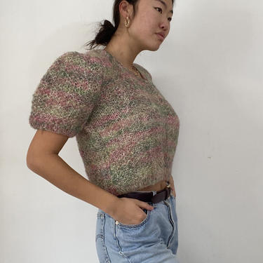 80s puff sleeve hand knit mohair sweater / vintage space dyed variegated hand knit mohair puff short sleeve fuzzy cropped sweater | S M 