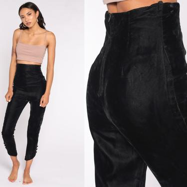 90s Trousers Black Velvet Pants Cropped Pants Skinny Pants High Waisted Trousers Slim Gothic Vintage 80s Goth Bohemian Extra Small xs 