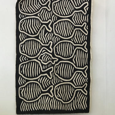 Vintage Handwoven Black and White  Textile Abstract Fish Rug 16” by 26” 