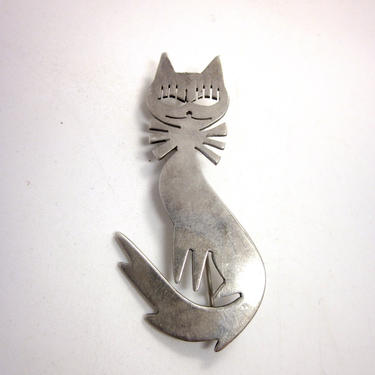 Adorable Cartoonish Midcentury Inspired Taco Mexican Sterling Silver Cat Pin Brooch 