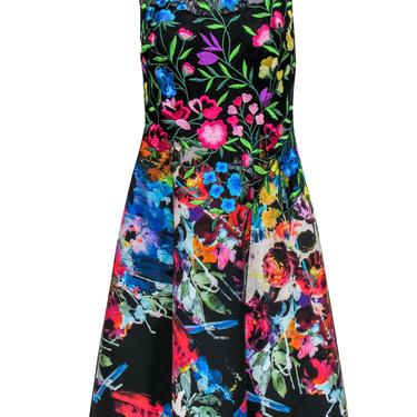 Teri Jon - Black &amp; Bright Floral Print Embroidered Sleeveless A-Line Dress Sz 4