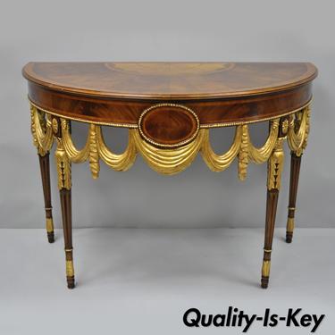Maitland Smith Half Round Demilune Inlaid Console Table Regency Gold Gilt Drapes