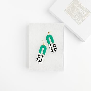 IVY in Emerald Windowpane | Polymer Clay Statement Earrings, Modern Minimalist Art Deco, Black and White, Hypoallergenic Sensitive Ears 