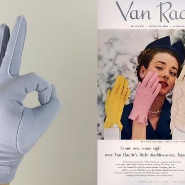 Kept Close to Her Face - Vintage 1950s 1960s Light Periwinkle Nylon Over Wrist Button Cuff Gloves - 6 1/2 to 7 1/2 