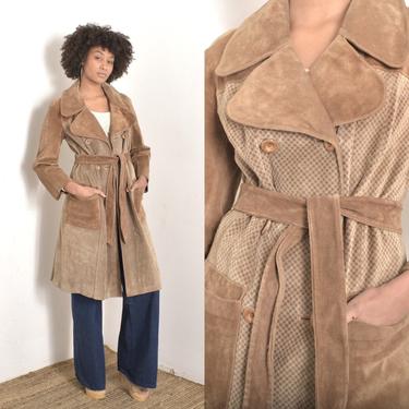 Vintage 1970s Jacket / 70s Checkered Suede Trench Coat / Brown ( S M ) 