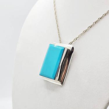Vintage Rectangle Turquoise/Tiffany Blue Color Beveled Glass Mexican Sterling Silver Pendant Brooch Combo on Twisted .925 Sterling Chain 