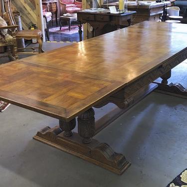 Antique French Parquet-Top Trestle Dining Table with Dual Extensions