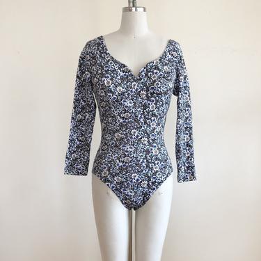 Long-Sleeved Blue and Brown Floral Print Bodysuit - Early 1990s 