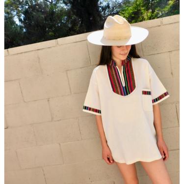Serape Blouse // vintage oversize cotton boho hippie Mexican dress hippy ivory tunic mini dress beach cover // O/S 