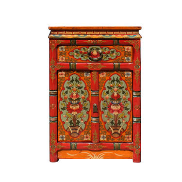 Orange Yellow Turquoise Tibetan Floral End Table Nightstand Cabinet cs5757E 