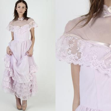 Floor Length Violet Wedding Gown / Long Sheer Lace Bridal Dress / Vintage 70s Prairie Country Western / Womens Saloon Bustle Maxi Dress 