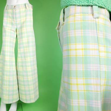 60s/70s pastel plaid pants. Soft feel & soft colors. Spring time vintage! Handmade. Well made. Pearl snap. Elephant legs. Size S 