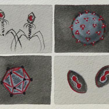 Black, White and Red Viruses - original watercolor painting - microbiology art 