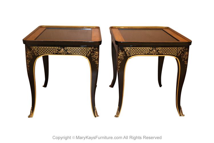 Pair Et Cetera Chinoiserie Black Lacquer Side Tables by Drexel 