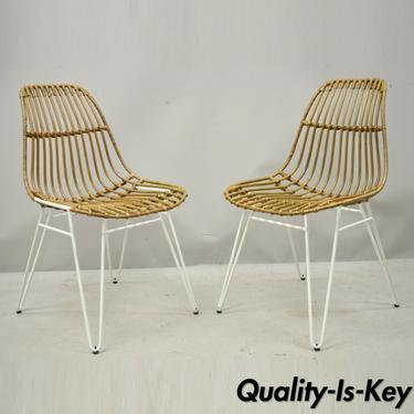 Modern White Wrought Iron Hairpin Leg Rattan Shell Dining Side Chairs - a Pair