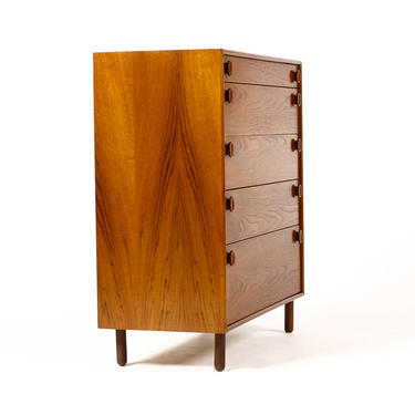 Danish Modern / Mid Century Teak Upright Dresser — Oval Pulls — Five Drawer — Meredew 